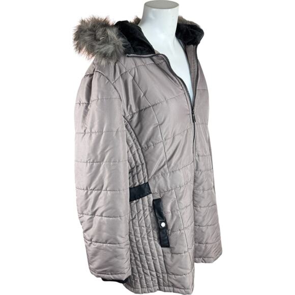 Susan Graver Water-Resistant Puffer Coat with Faux Leather Detail Thistle Large - Picture 2 of 12